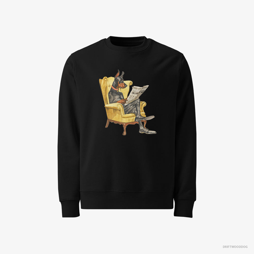 Dobermann Sweatshirt – Men Black Sweatshirt Classic – Reading a Newspaper in a Chair (on White Background)