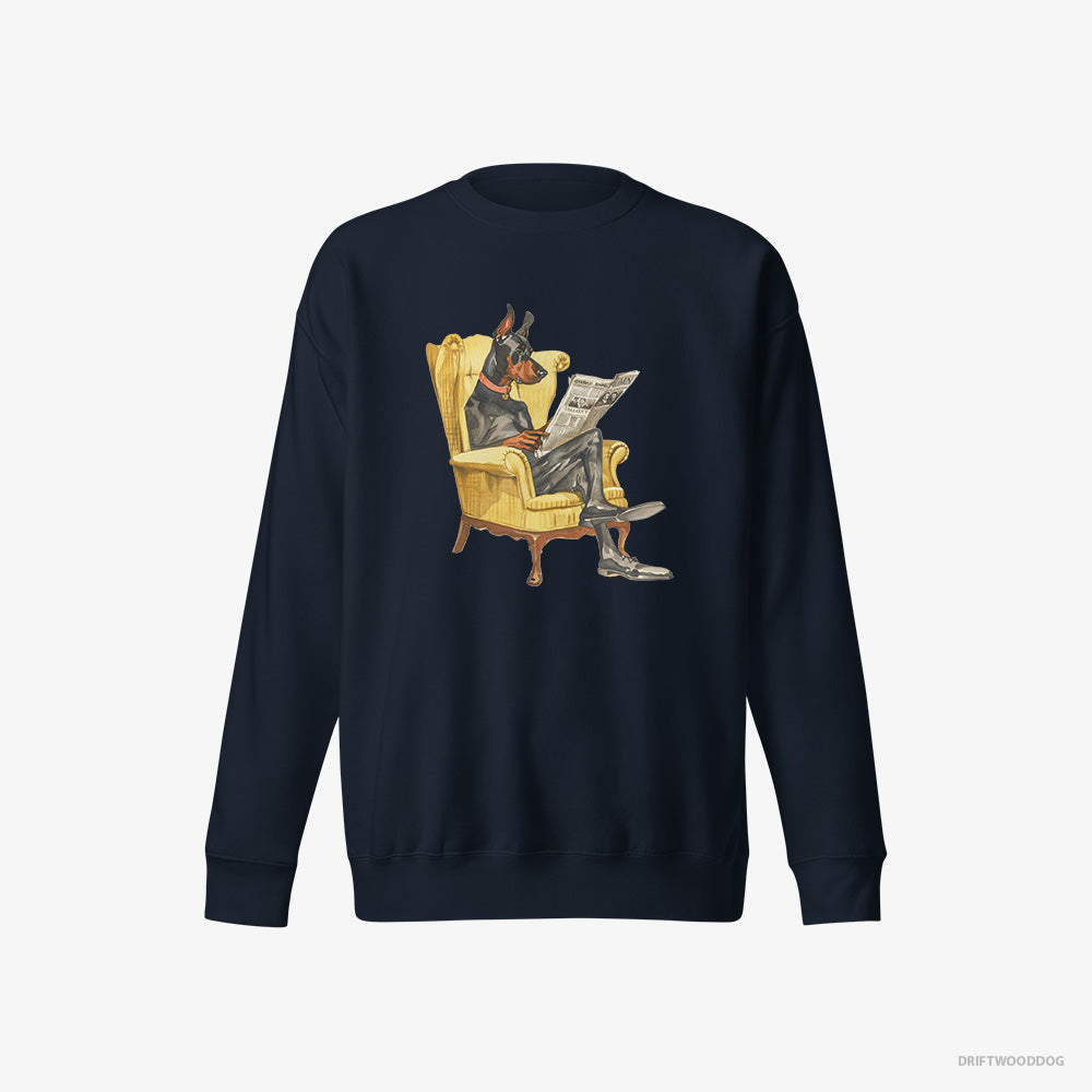 Dobermann Sweatshirt – Women Navy Sweatshirt Eco-Friendly – Reading a Newspaper in a Chair (on White Background)