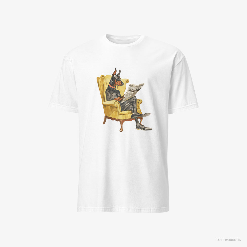 Dobermann T-Shirt – Men White T-Shirt Classic – Reading a Newspaper in a Chair (on White Background)