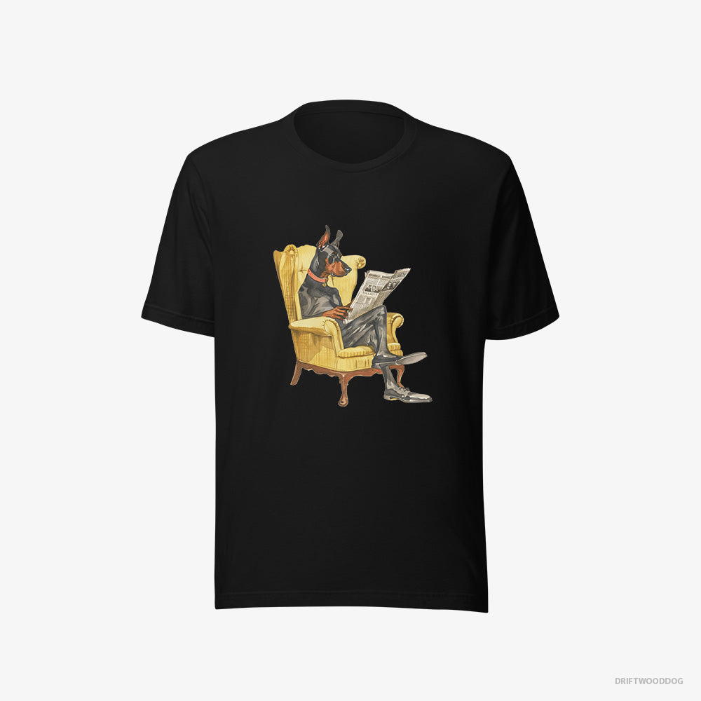 Dobermann T-Shirt – Men Black T-Shirt Eco-Friendly – Reading a Newspaper in a Chair (on White Background)