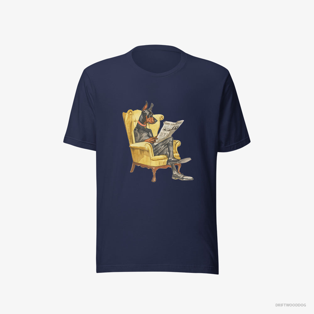 Dobermann T-Shirt – Men Navy T-Shirt Eco-Friendly – Reading a Newspaper in a Chair (on White Background)