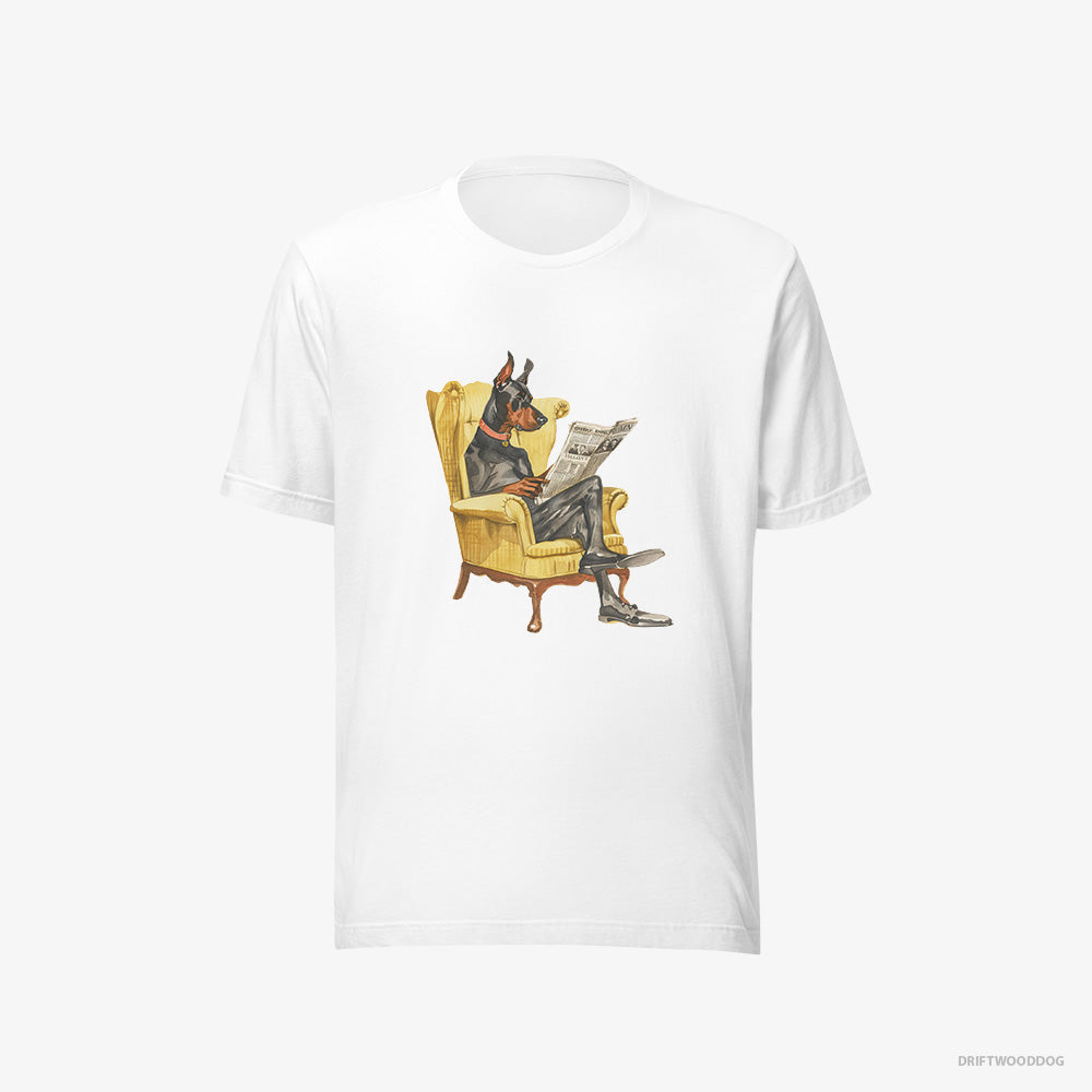 Dobermann T-Shirt – Men White T-Shirt Eco-Friendly – Reading a Newspaper in a Chair (on White Background)