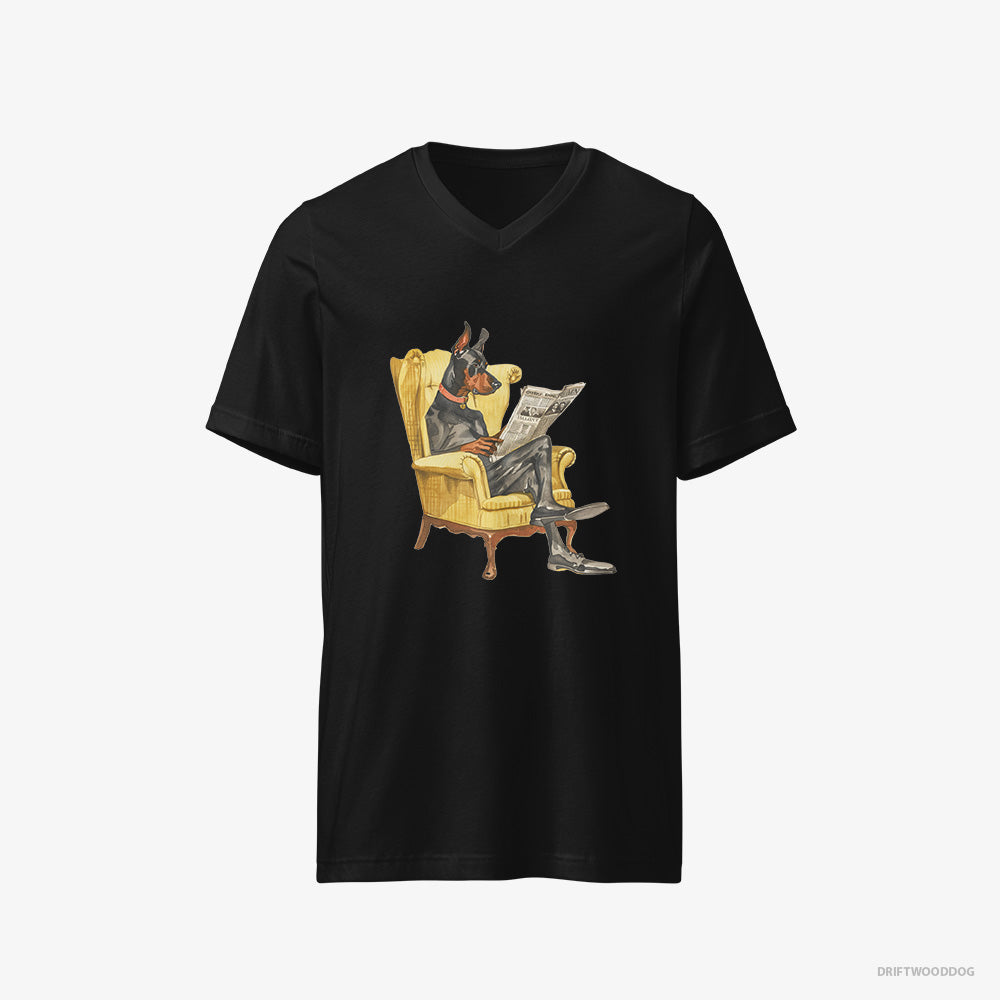 Dobermann T-Shirt – Men Black T-Shirt V-Neck – Reading a Newspaper in a Chair (on White Background)