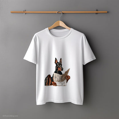 Dobermann Holding a Newspaper T-Shirt – Unisex Tee for Dog Lovers