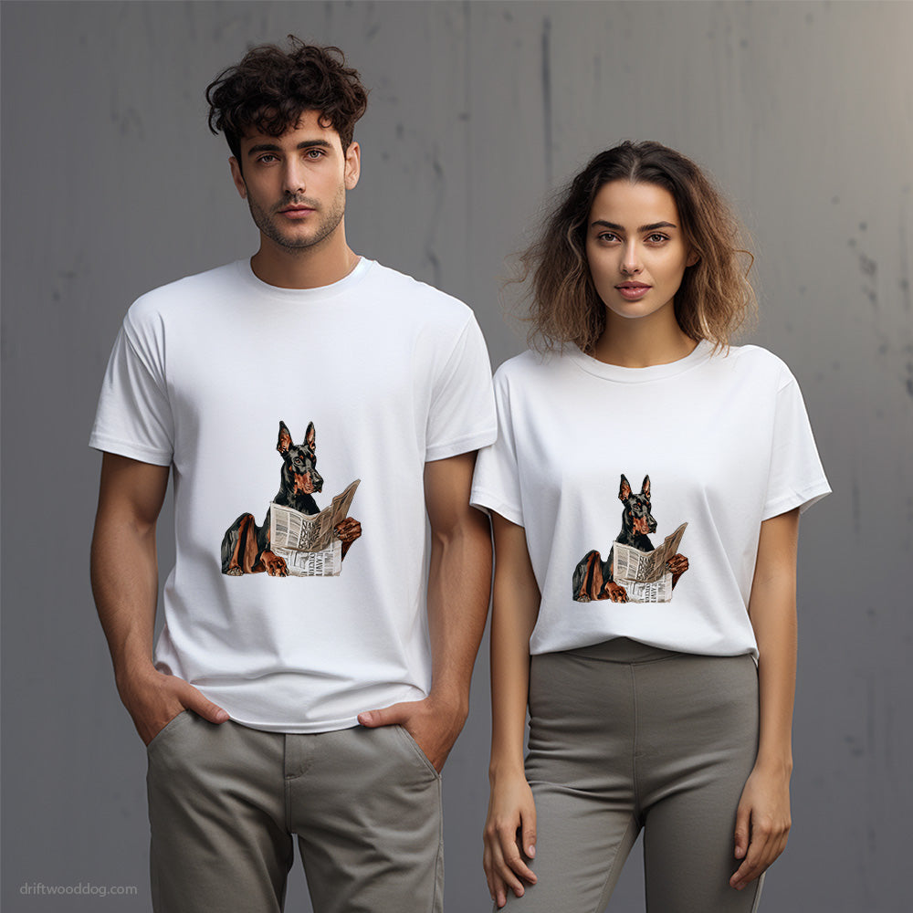 Dobermann Holding a Newspaper T-Shirt – Unisex T-Shirt for Dog Lovers 