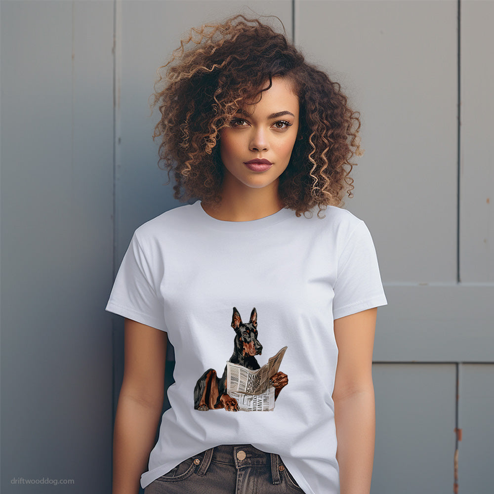 Dobermann Holding a Newspaper T-Shirt – Dog T-Shirt for Women