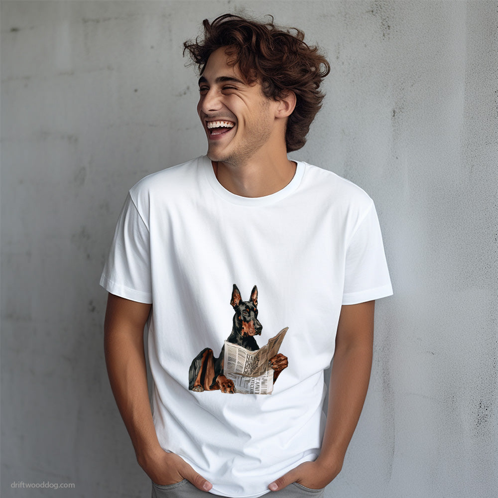 Dobermann Holding a Newspaper T-Shirt – Dog T-Shirt for Men