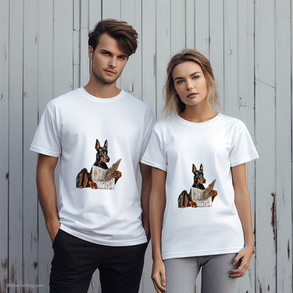 Dobermann Holding a Newspaper T-Shirt – Unique Dog T-Shirts for Pet Lovers