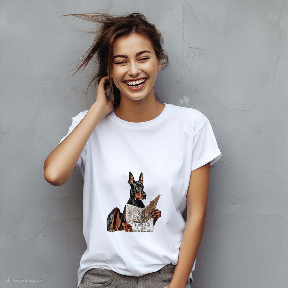 Dobermann Holding a Newspaper T-Shirt – Custom Dog T-Shirts for Women