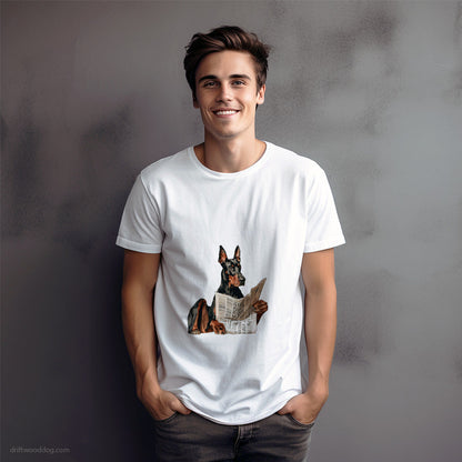 Dobermann Holding a Newspaper T-Shirt – Dog Graphic Tee for Men