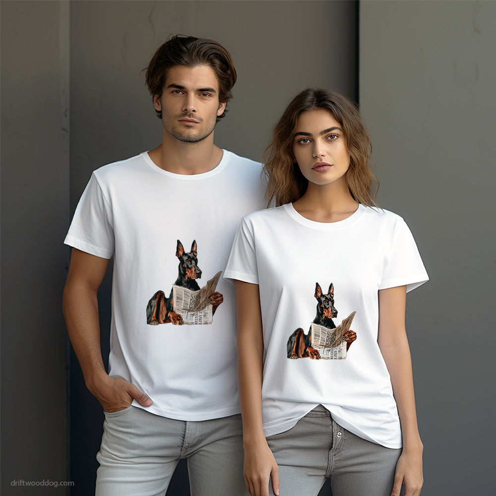 Dobermann Holding a Newspaper T-Shirt – Dog-Themed Gifts for Dog Lovers