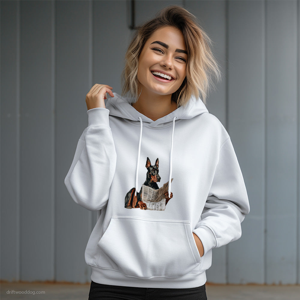 Dobermann Holding a Newspaper Hoodie – Dog Graphic Hoodie for Women