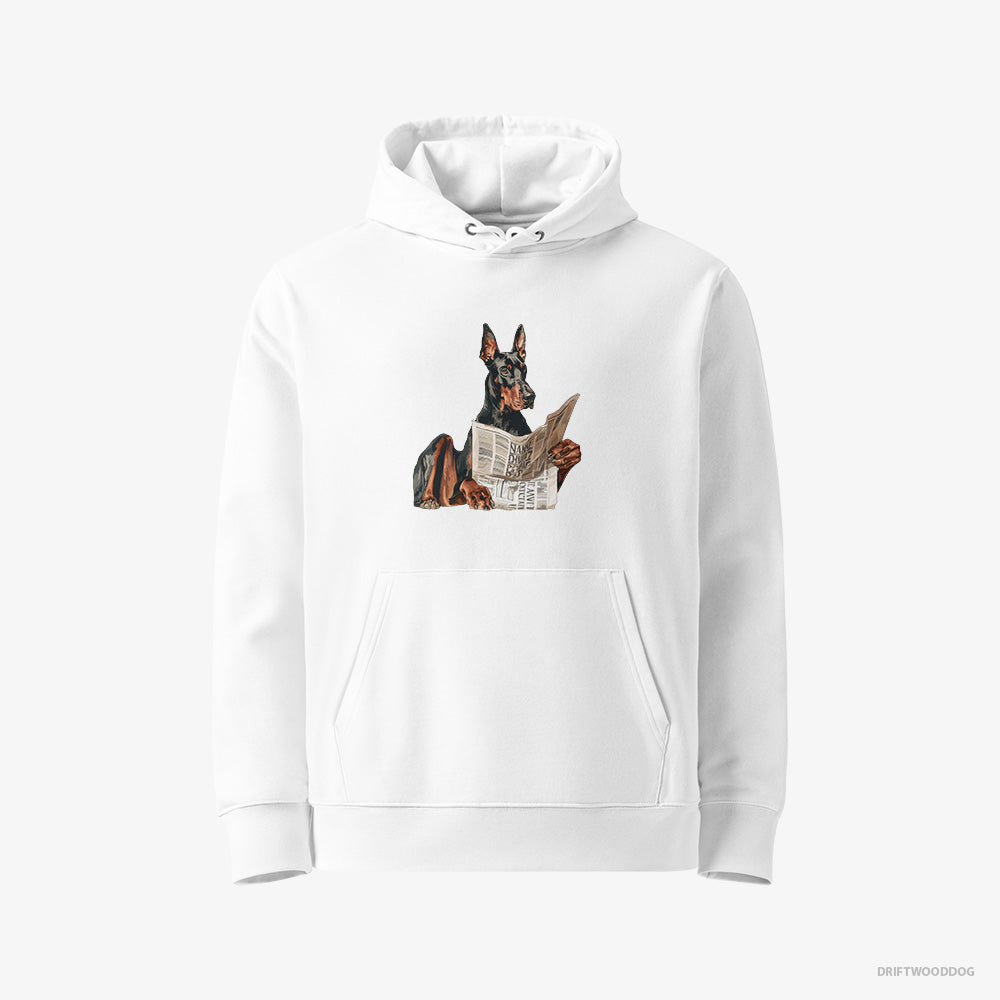 Dobermann Hoodie – Men White Hoodie Eco-Friendly – Holding a Newspaper (on White Background)