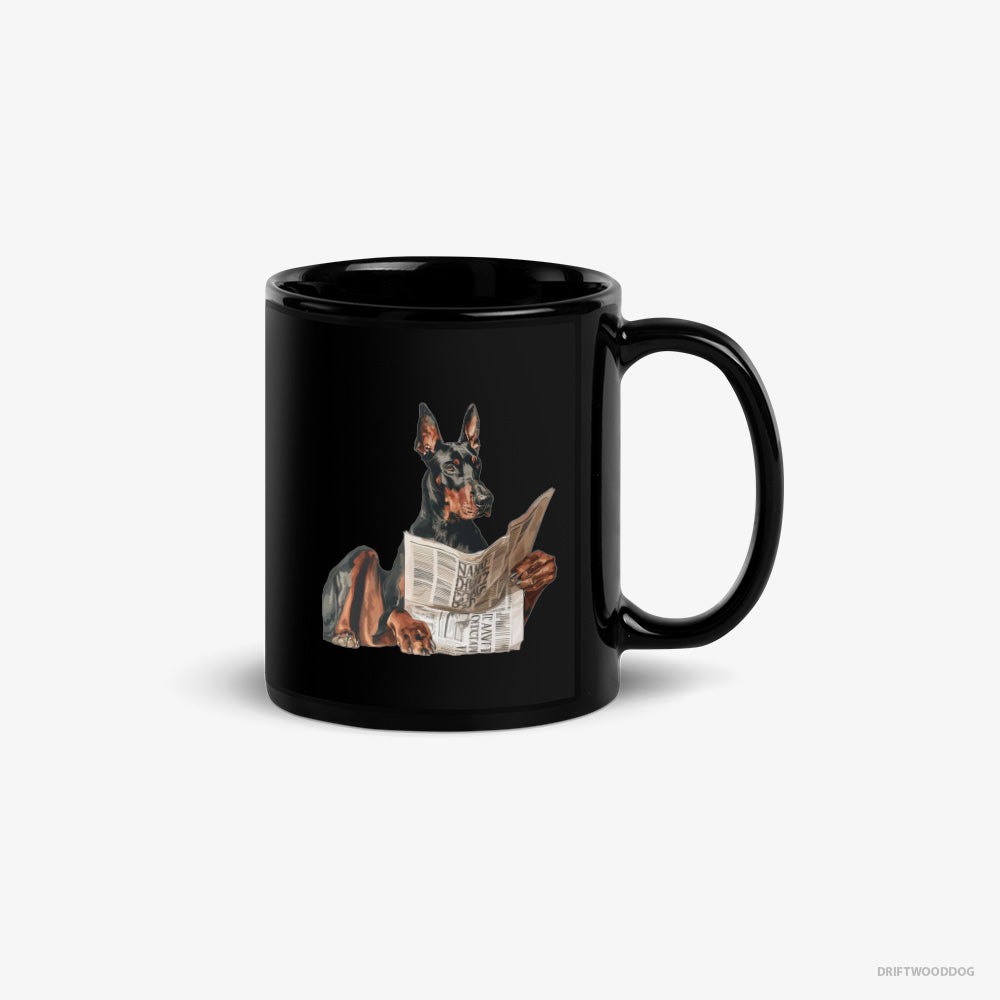 Dobermann Mug – Unisex Black Mug Classic – Holding a Newspaper (on White Background)