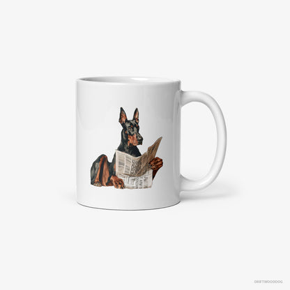 Dobermann Holding a Newspaper White Mug