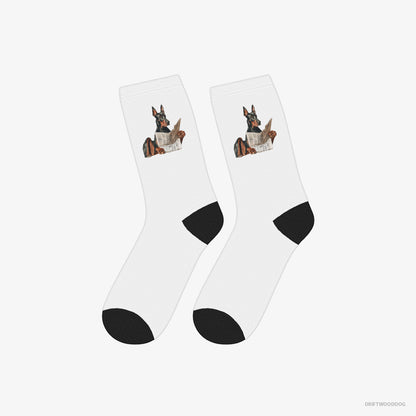 Dobermann Socks – Unisex White Socks Classic – Holding a Newspaper (on White Background)