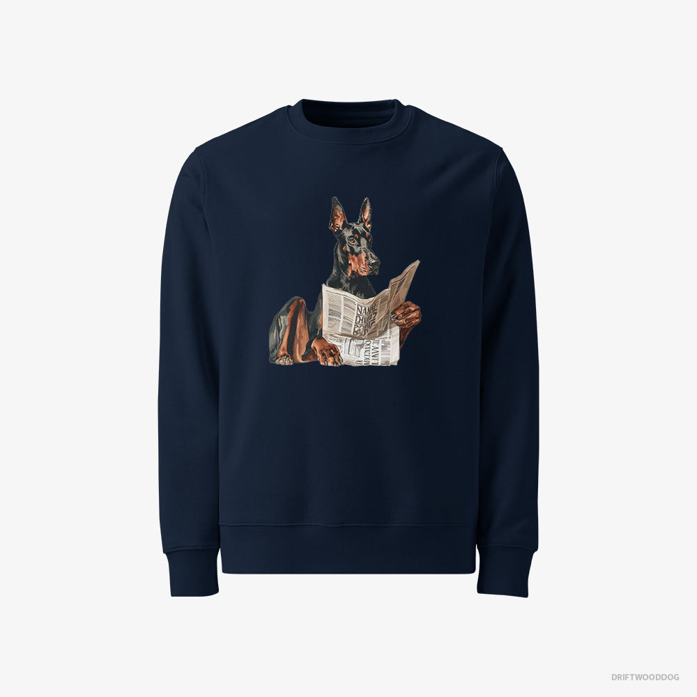 Dobermann Sweatshirt – Men Navy Sweatshirt Classic – Holding a Newspaper (on White Background)