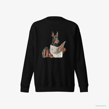 Dobermann Sweatshirt – Men Black Sweatshirt Eco-Friendly – Holding a Newspaper (on White Background)