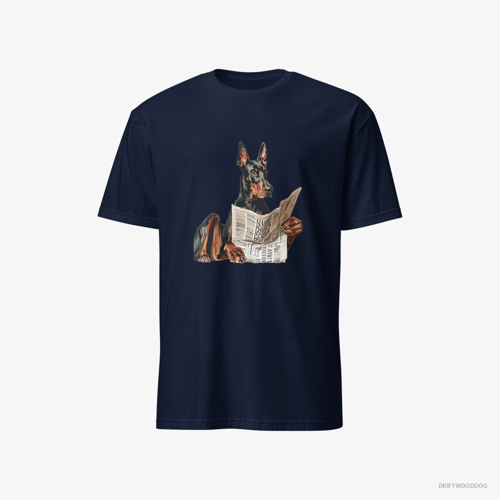 Dobermann T-Shirt – Men Navy T-Shirt Classic – Holding a Newspaper (on White Background)