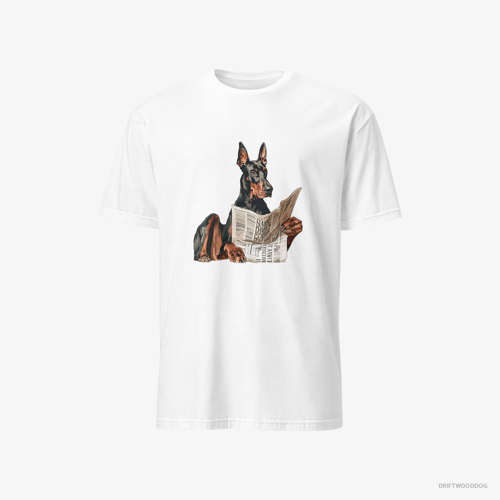 Dobermann T-Shirt – Men White T-Shirt Classic – Holding a Newspaper (on White Background)