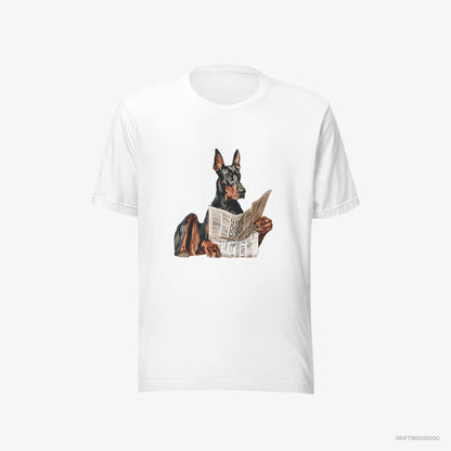 Dobermann T-Shirt – Men White T-Shirt Eco-Friendly – Holding a Newspaper (on White Background)