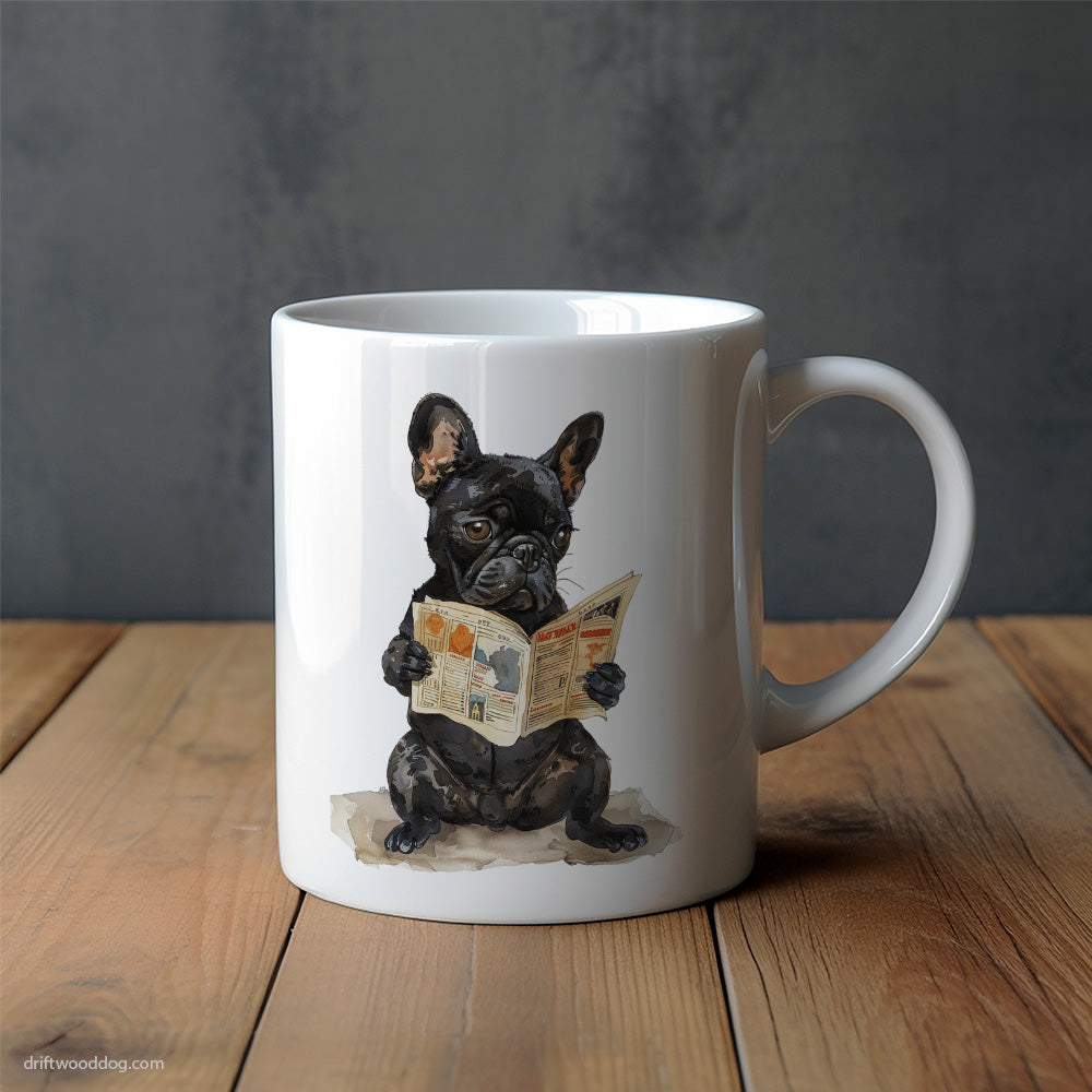 Black French Bulldog Reading a Newspaper Mug – Unique Dog Cups | Dog-Themed Mugs