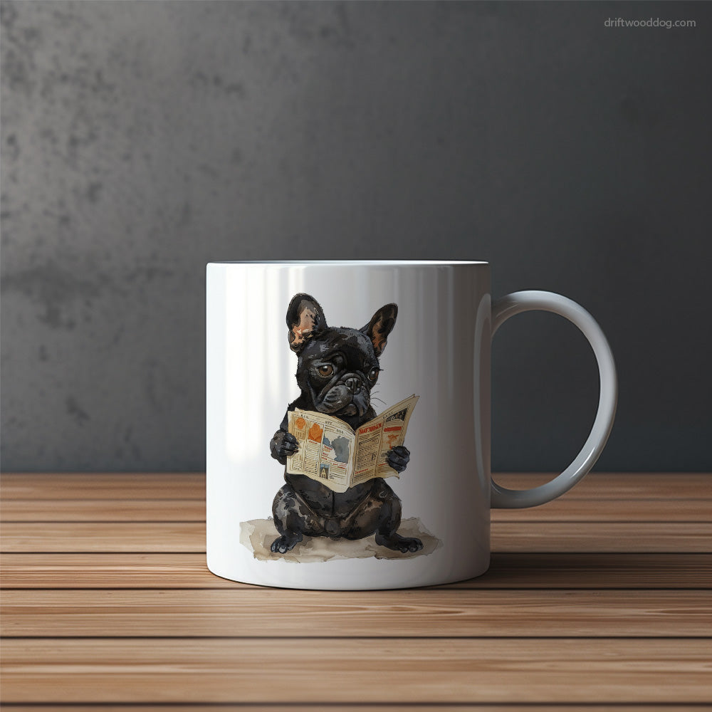 Black French Bulldog Reading a Newspaper Mug – Funny Dog Coffee Mugs | Quirky Canine Drinkware