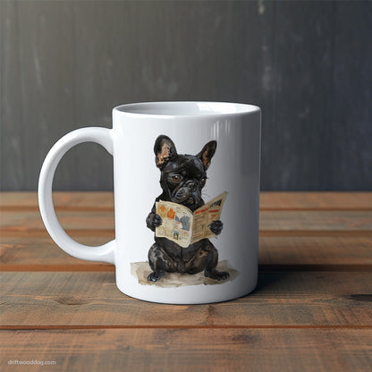 Black French Bulldog Reading a Newspaper Mug – Cute Dog-Themed Mugs | Perfect Gifts for Dog Lovers