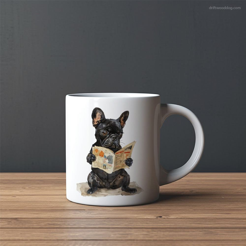 Black French Bulldog Reading a Newspaper Mug – Custom Dog Mugs | Personalized Pet Mugs