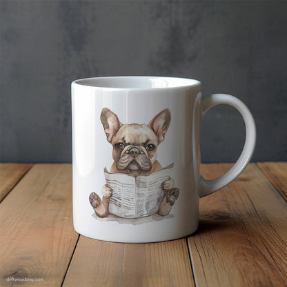 Small French Bulldog Reading a Newspaper Mug – Unique Dog Cups | Dog-Themed Mugs