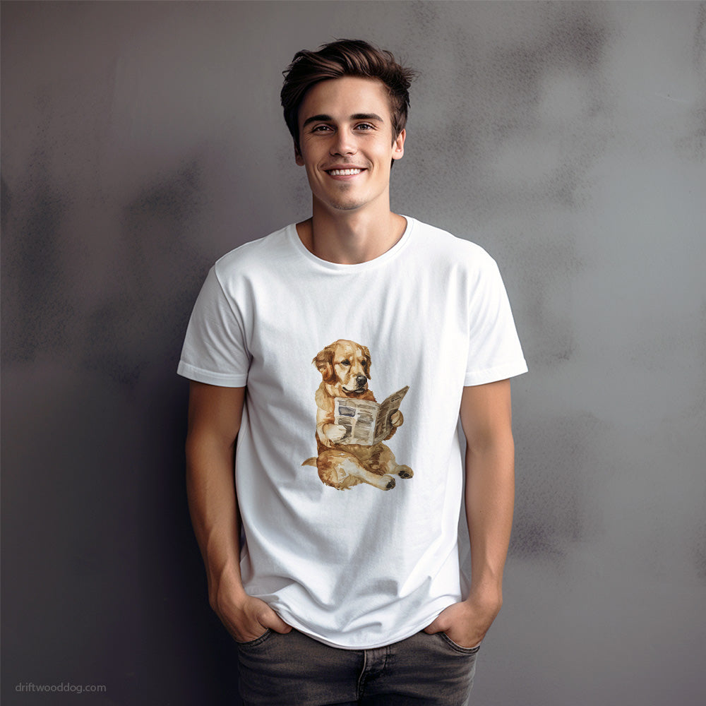 Small Golden Retriever Reading a Newspaper T-Shirt – Dog Graphic Tee for Men