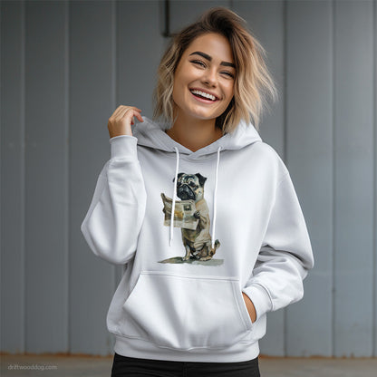 Pug Holding a Newspaper Hoodie – Dog Graphic Hoodie for Women