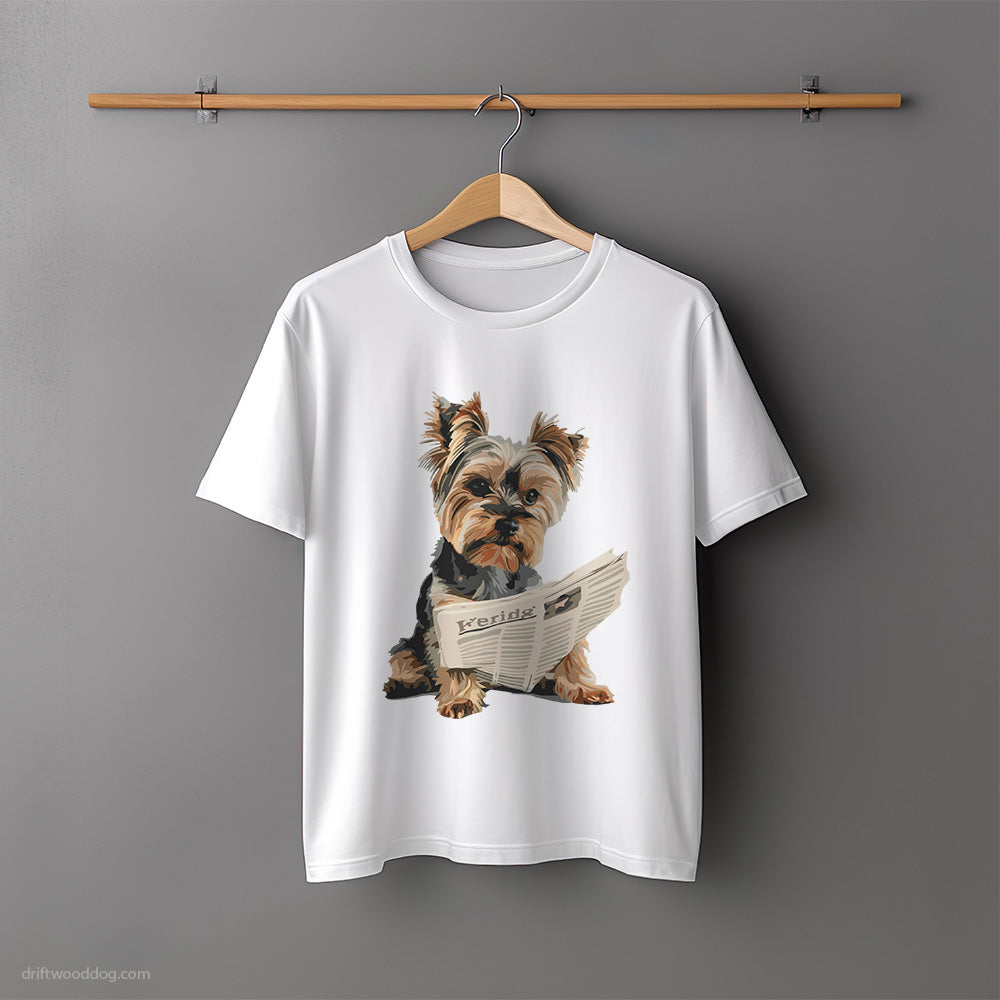 Yorkshire Terrier Holding a Newspaper T-Shirt – Unisex Tee for Dog Lovers