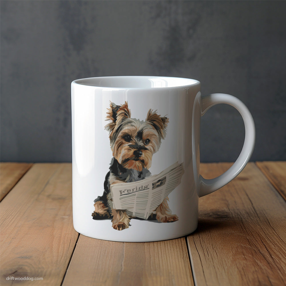 Yorkshire Terrier Holding a Newspaper Mug – Unique Dog Cups | Dog-Themed Mugs