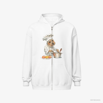 Yorkshire Terrier Hoodie – Men White Hoodie Full-Zip – Cooking Meals (on White Background)