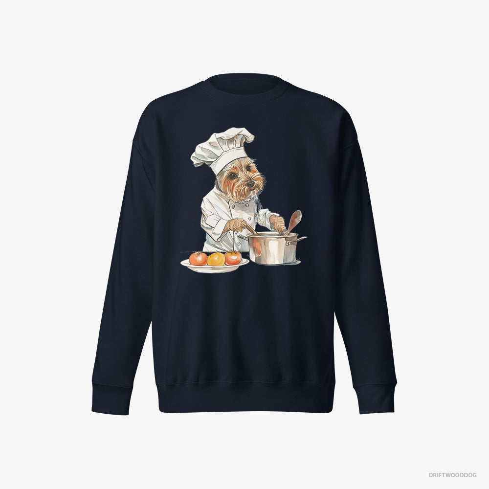 Yorkshire Terrier Sweatshirt – Women Navy Sweatshirt Eco-Friendly – Cooking Meals (on White Background)