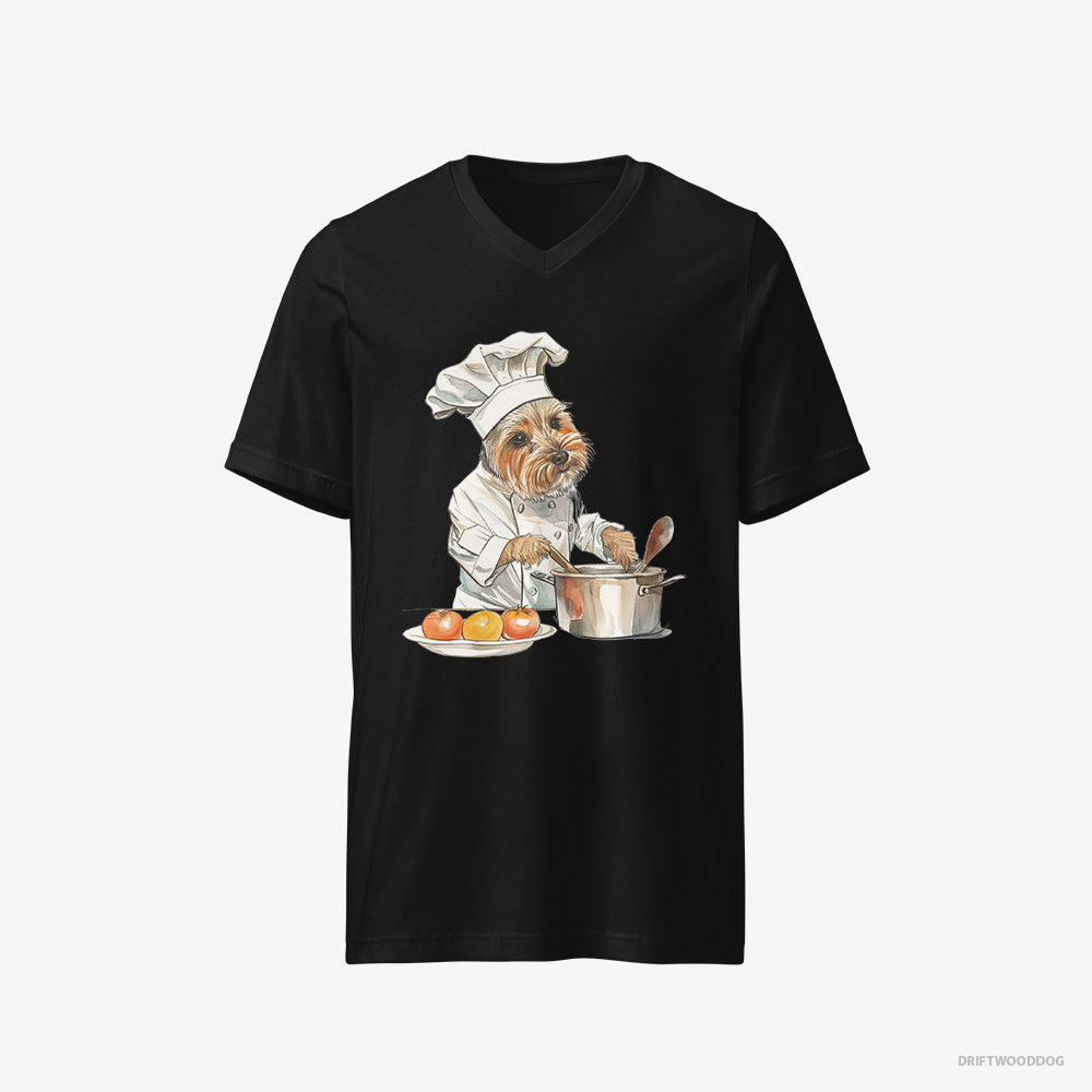 Yorkshire Terrier T-Shirt – Men Black T-Shirt V-Neck – Cooking Meals (on White Background)