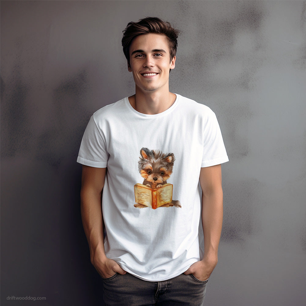 Yorkshire Terrier Reading a Book T-Shirt – Dog Graphic Tee for Men