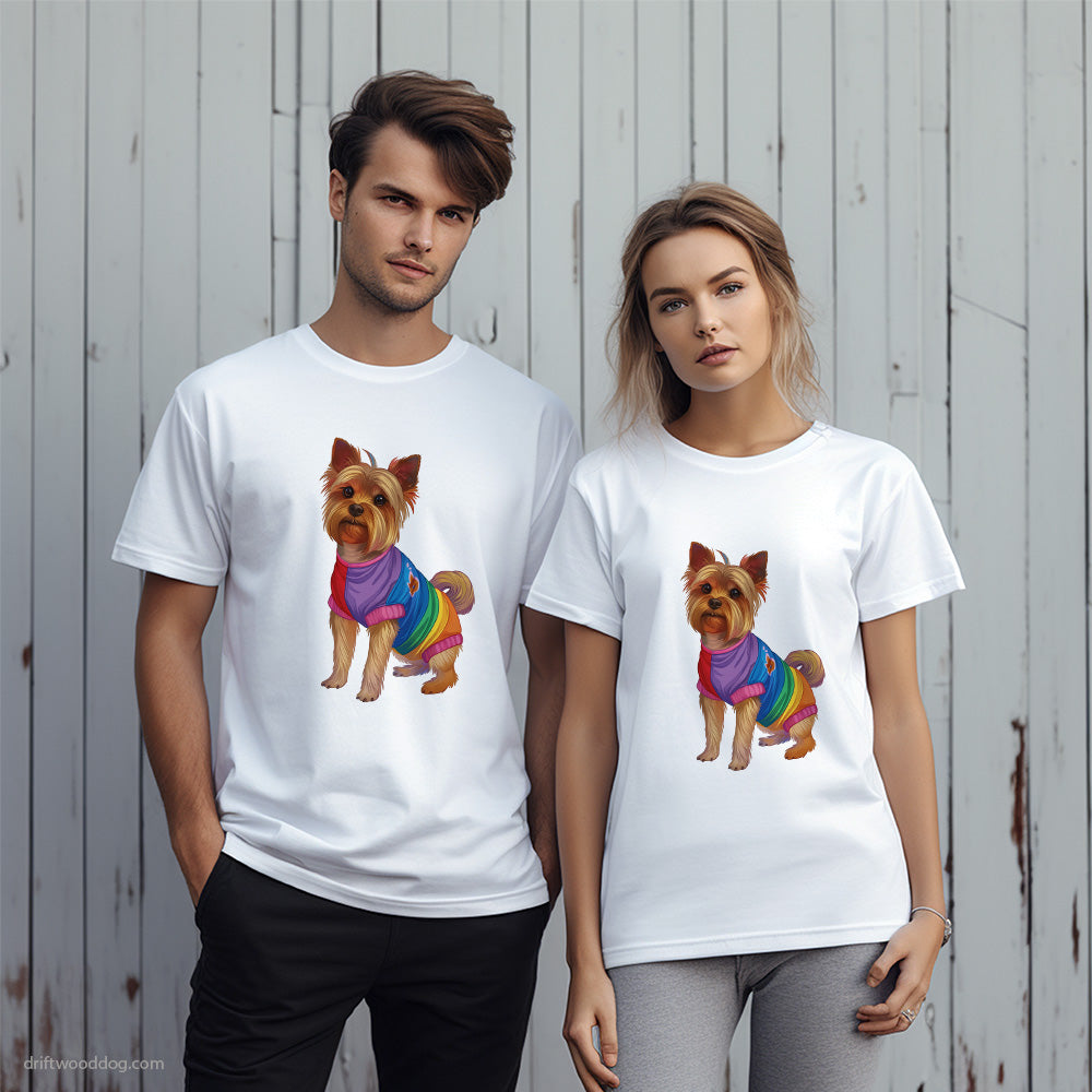 Yorkshire Terrier Wearing Rainbow Outfit T-Shirt – Unique Dog T-Shirts for Pet Lovers