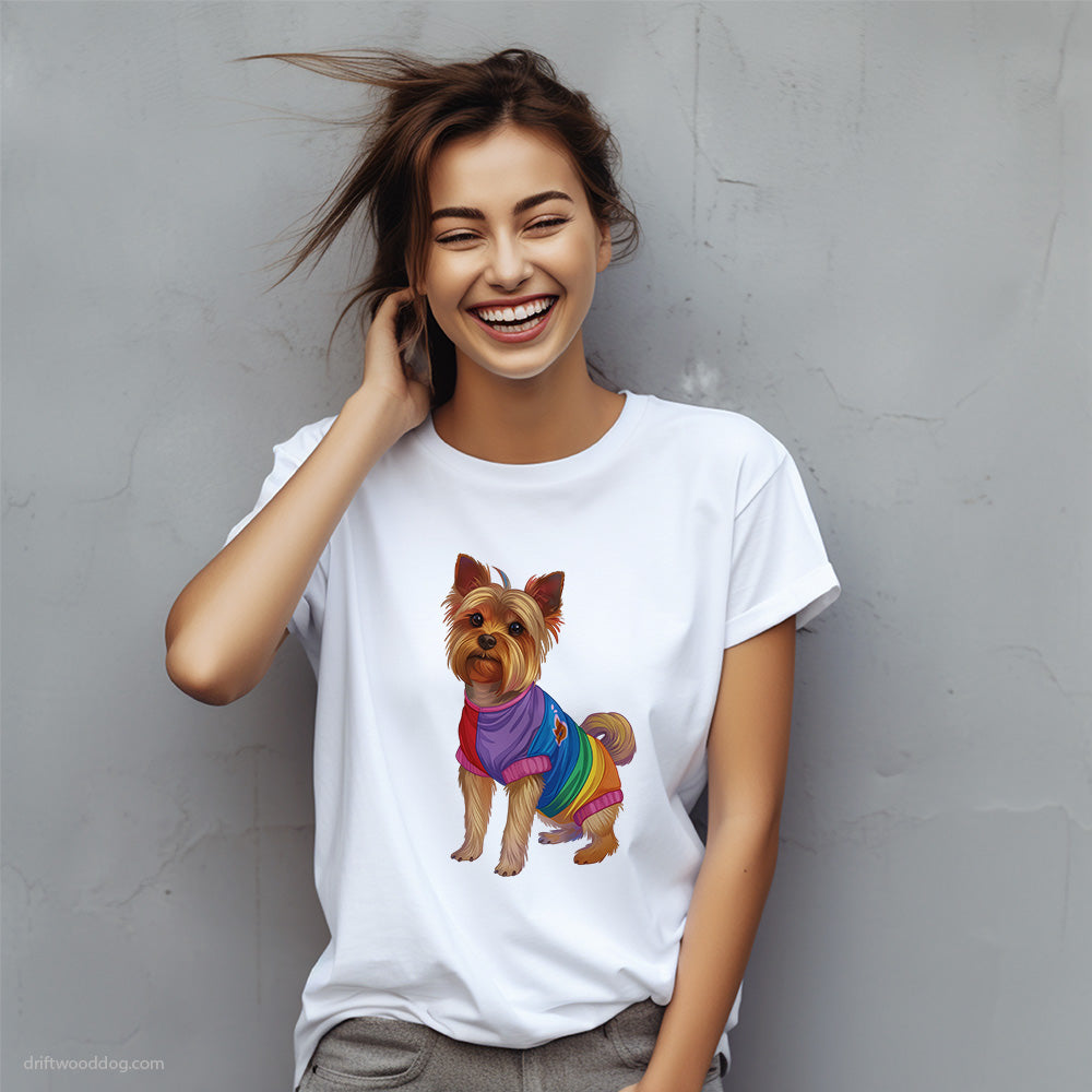 Yorkshire Terrier Wearing Rainbow Outfit T-Shirt – Custom Dog T-Shirts for Women