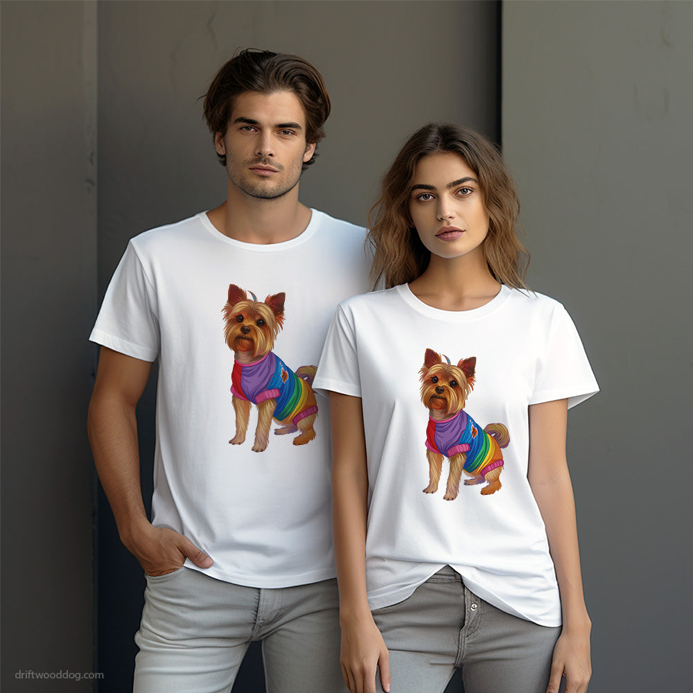 Yorkshire Terrier Wearing Rainbow Outfit T-Shirt – Dog-Themed Gifts for Dog Lovers