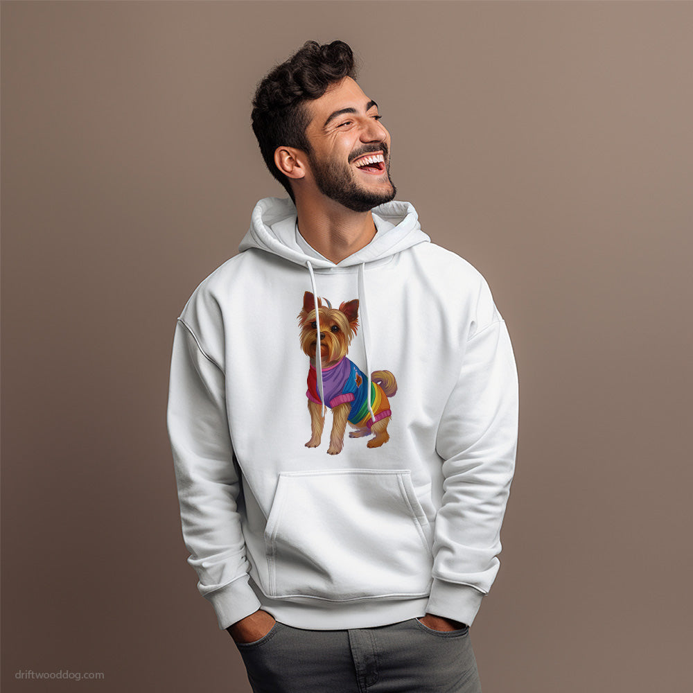 Yorkshire Terrier Wearing Rainbow Outfit Hoodie – Dog Hoodies for Men