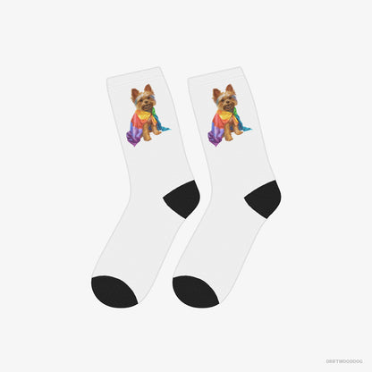 Yorkshire Terrier Socks – Unisex White Socks Classic – Ready for Pride (on White Background)