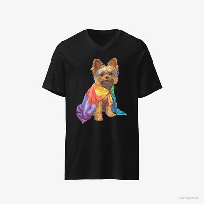 Yorkshire Terrier T-Shirt – Men Black T-Shirt V-Neck – Ready for Pride (on White Background)