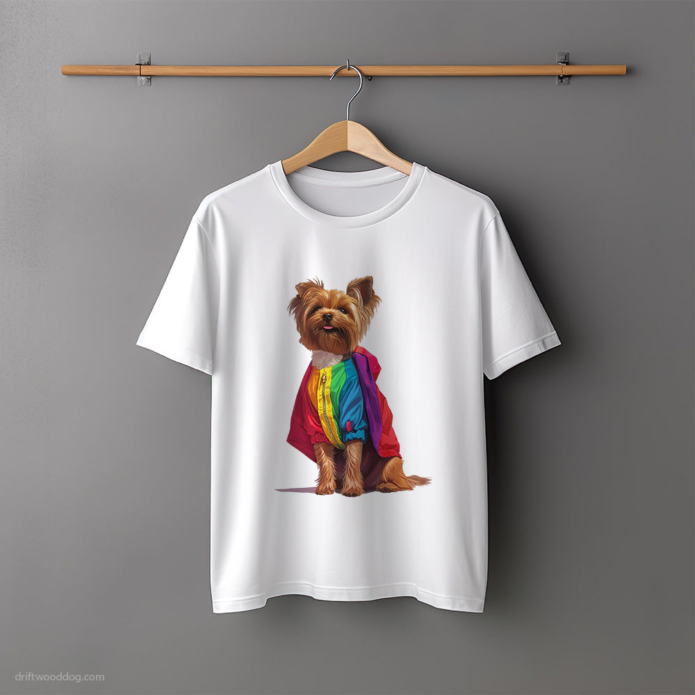 Proud Yorkshire Terrier Dressed in a Rainbow T-Shirt – Unisex Tee for Dog Lovers