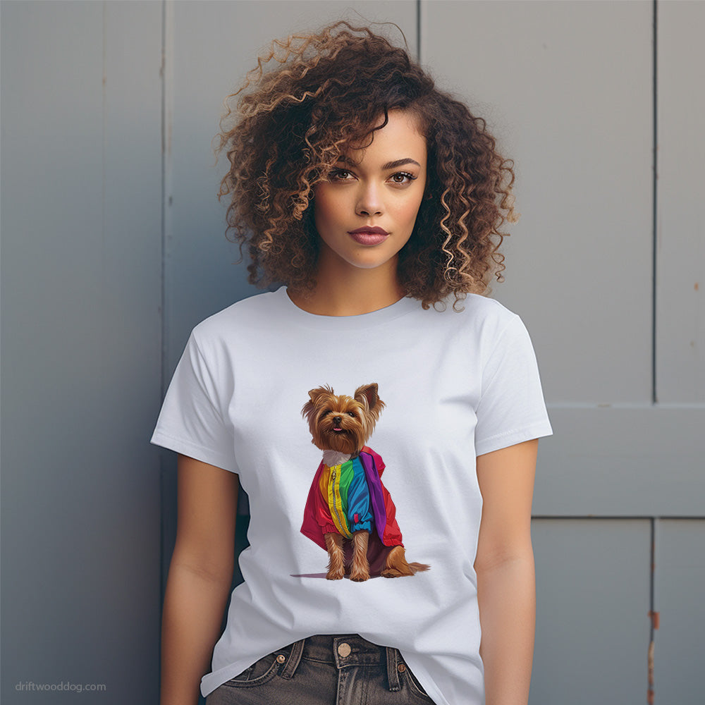 Proud Yorkshire Terrier Dressed in a Rainbow T-Shirt – Dog T-Shirt for Women