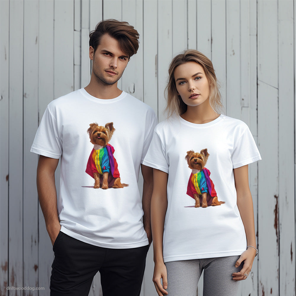 Proud Yorkshire Terrier Dressed in a Rainbow T-Shirt – Unique Dog T-Shirts for Pet Lovers