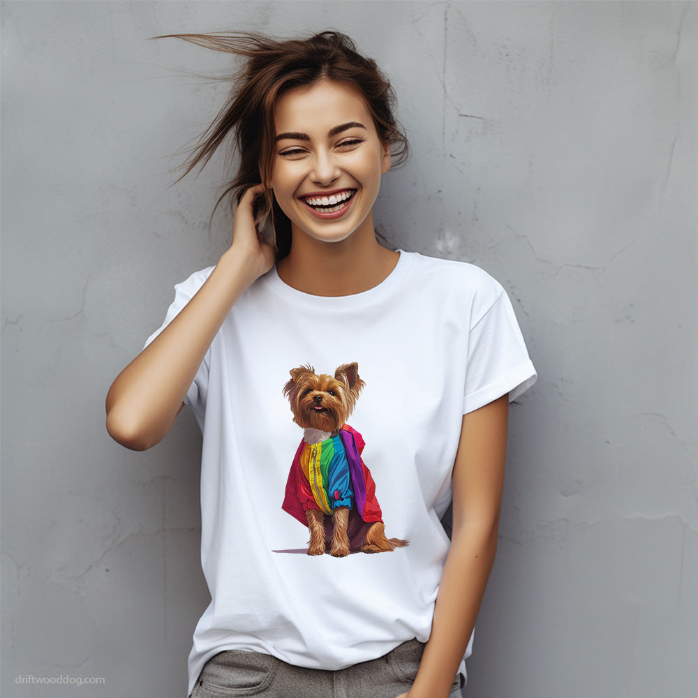 Proud Yorkshire Terrier Dressed in a Rainbow T-Shirt – Custom Dog T-Shirts for Women