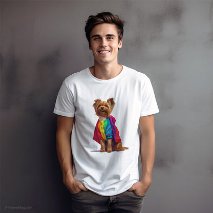 Proud Yorkshire Terrier Dressed in a Rainbow T-Shirt – Dog Graphic Tee for Men