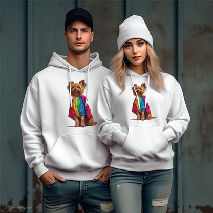 Proud Yorkshire Terrier Dressed in a Rainbow Hoodie – Unique Dog Hoodies for Pet Lovers Gift